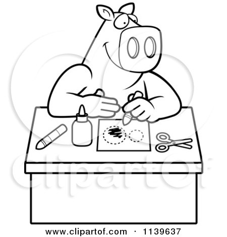 Cartoon Clipart Of A Black And White Arts And Crafts Pig - Vector Outlined Coloring Page by Cory Thoman