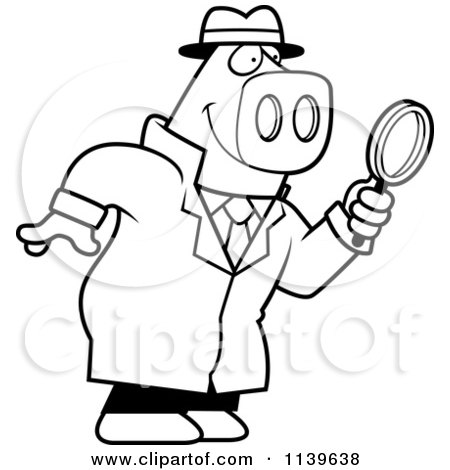 Cartoon Clipart Of A Black And White Pig Detective Using A Magnifying Glass - Vector Outlined Coloring Page by Cory Thoman