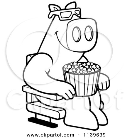Cartoon Clipart Of A Black And White Pig Eating Popcorn And Watching A 3d Movie At The Theater - Vector Outlined Coloring Page by Cory Thoman