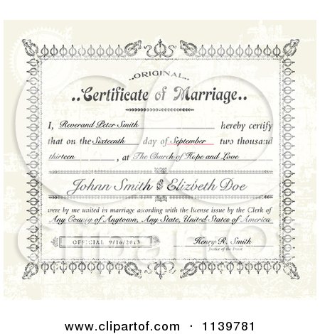 Clipart Of A Vintage Distressed Certificate Of Marriage And Sample Text - Royalty Free Vector Illustration by BestVector