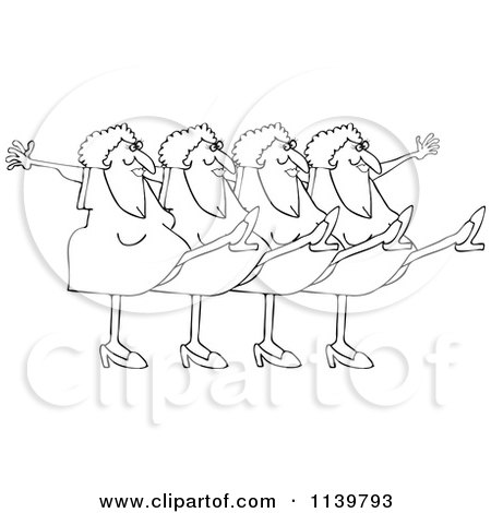 Cartoon Of An Outlined Chorus Line Of Old Ladies Dancing The Can Can - Royalty Free Vector Clipart by djart