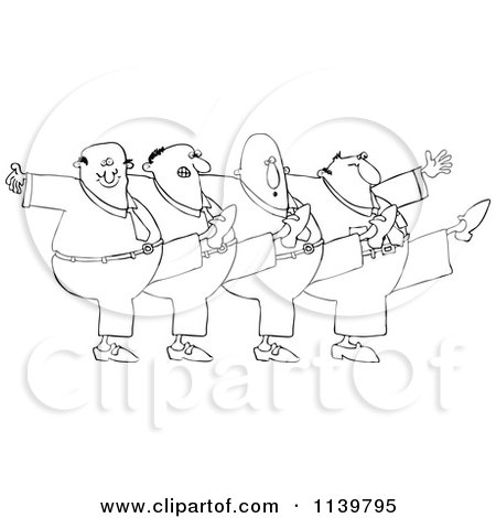 Cartoon Of An Outlined Chorus Line Of Men Dancing The Can Can - Royalty Free Vector Clipart by djart