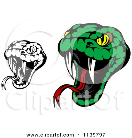 Clipart Of Biting Black And White And Green Viper Snakes - Royalty Free Vector Illustration by Vector Tradition SM