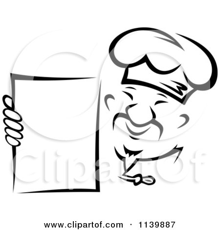 Clipart Of A Black And White Asian Chef Holding A Menu - Royalty Free Vector Illustration by Vector Tradition SM