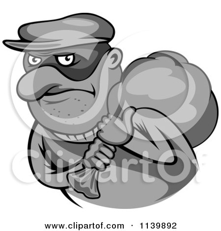 Clipart Of A Grayscale Robber Carrying A Bag On His Shoulder - Royalty Free Vector Illustration by Vector Tradition SM
