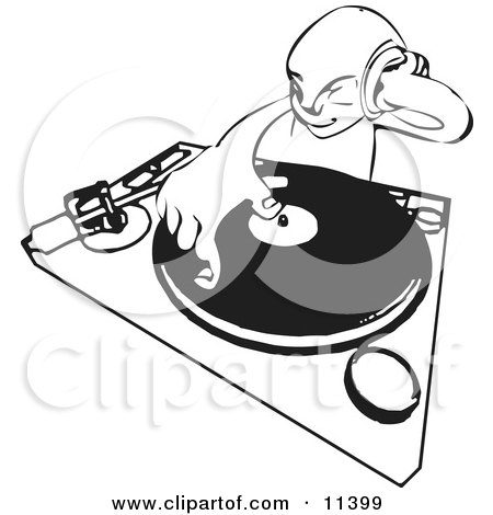 DJ Mixing His Records and Holding Headphones Clipart Illustration by AtStockIllustration