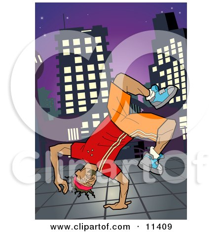 African American Breakdancer Doing a One Handed Handstand on a Sidewalk at Night Clipart Illustration by AtStockIllustration