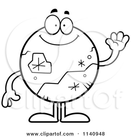 Cartoon Clipart Of A Black And White Pluto Waving - Vector Outlined Coloring Page by Cory Thoman