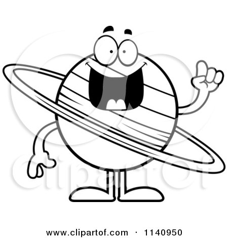 Cartoon Clipart Of A Black And White Planet Saturn With An Idea - Vector Outlined Coloring Page by Cory Thoman