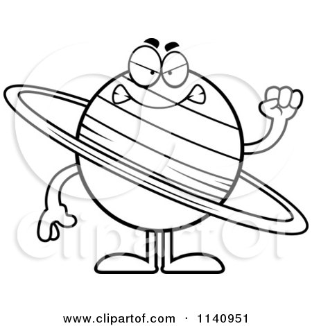 Cartoon Clipart Of A Black And White Mad Planet Saturn - Vector Outlined Coloring Page by Cory Thoman