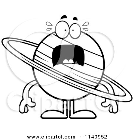 Cartoon Clipart Of A Black And White Scared Planet Saturn - Vector Outlined Coloring Page by Cory Thoman