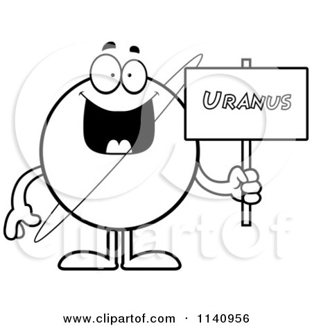 Cartoon Clipart Of A Black And White Planet Uranus Holding A Sign - Vector Outlined Coloring Page by Cory Thoman