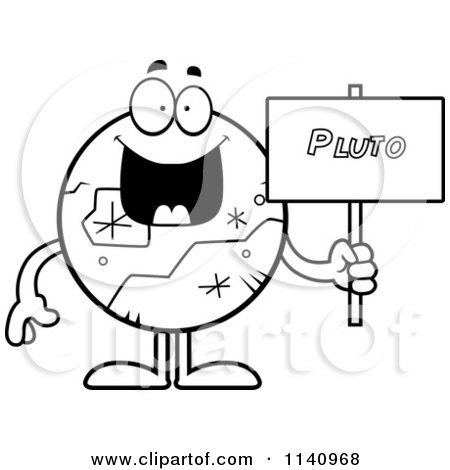 Cartoon Clipart Of A Black And White Pluto Holding A Sign - Vector Outlined Coloring Page by Cory Thoman