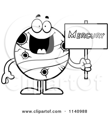 Cartoon Clipart Of A Black And White Planet Mercury Holding A Sign - Vector Outlined Coloring Page by Cory Thoman