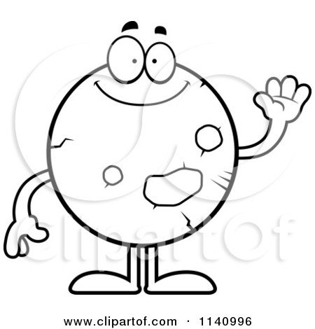 Cartoon Clipart Of A Black And White Waving Planet Mars - Vector Outlined Coloring Page by Cory Thoman