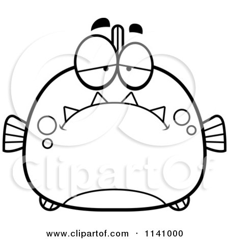 Cartoon Clipart Of A Black And White Depressed Piranha Fish - Vector Outlined Coloring Page by Cory Thoman