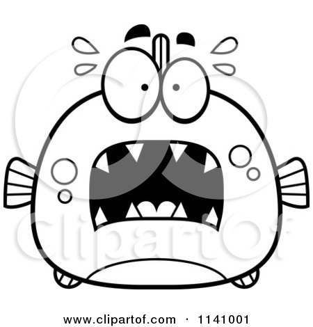 Cartoon Clipart Of A Black And White Frightened Piranha Fish - Vector Outlined Coloring Page by Cory Thoman