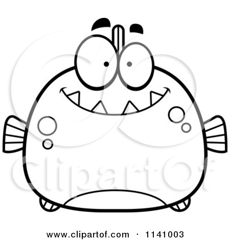 Cartoon Clipart Of A Black And White Happy Smiling Piranha Fish - Vector Outlined Coloring Page by Cory Thoman