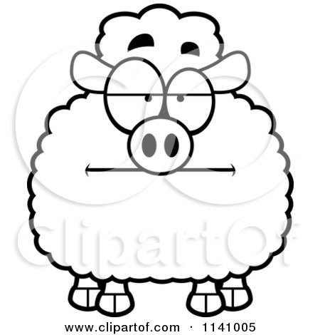 Cartoon Clipart Of A Black And White Bored Sheep - Vector Outlined Coloring Page by Cory Thoman