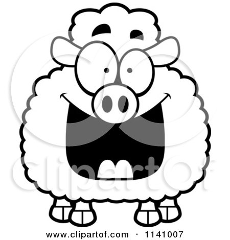 Cartoon Clipart Of A Black And White Excited Sheep - Vector Outlined Coloring Page by Cory Thoman
