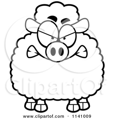 Cartoon Clipart Of A Black And White Angry Sheep - Vector Outlined Coloring Page by Cory Thoman