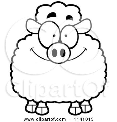 Cartoon Clipart Of A Black And White Smiling Happy Sheep - Vector Outlined Coloring Page by Cory Thoman