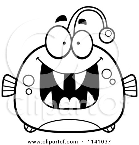 Cartoon Clipart Of A Black And White Excited Viperfish - Vector Outlined Coloring Page by Cory Thoman
