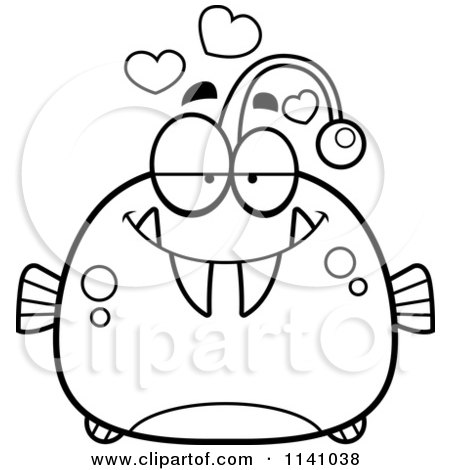 Cartoon Clipart Of A Black And White Viperfish In Love - Vector Outlined Coloring Page by Cory Thoman