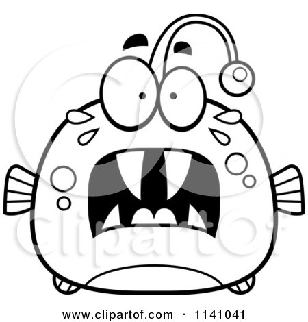 Cartoon Clipart Of A Black And White Frightened Viperfish - Vector Outlined Coloring Page by Cory Thoman