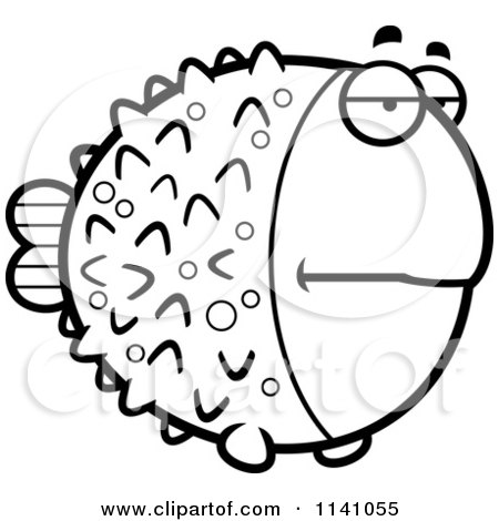 Cartoon Clipart Of A Black And White Bored Blowfish - Vector Outlined Coloring Page by Cory Thoman
