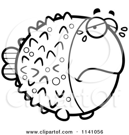 Cartoon Clipart Of A Black And White Crying Blowfish - Vector Outlined Coloring Page by Cory Thoman