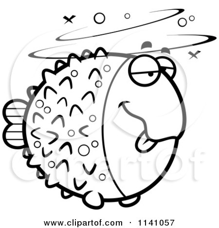 Cartoon Clipart Of A Black And White Drunk Blowfish - Vector Outlined Coloring Page by Cory Thoman