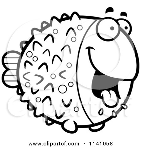 Cartoon Clipart Of A Black And White Drooling Hungry Blowfish - Vector Outlined Coloring Page by Cory Thoman