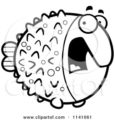 Cartoon Clipart Of A Black And White Scared Blowfish - Vector Outlined Coloring Page by Cory Thoman