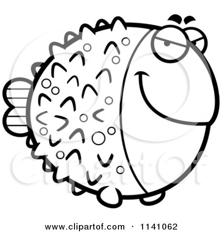 Cartoon Clipart Of A Black And White Sly Blowfish - Vector Outlined Coloring Page by Cory Thoman