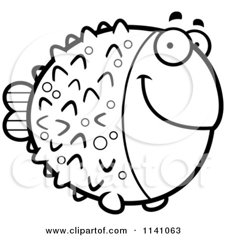 Cartoon Clipart Of A Black And White Happy Blowfish - Vector Outlined Coloring Page by Cory Thoman
