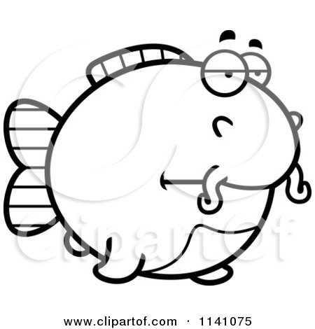 Cartoon Clipart Of A Black And White Bored Chubby Catfish - Vector Outlined Coloring Page by Cory Thoman