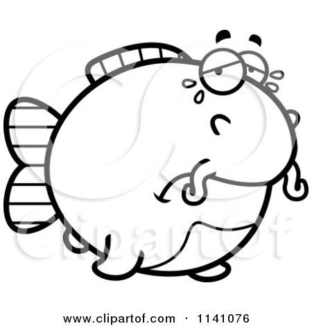 Cartoon Clipart Of A Black And White Crying Chubby Catfish - Vector Outlined Coloring Page by Cory Thoman