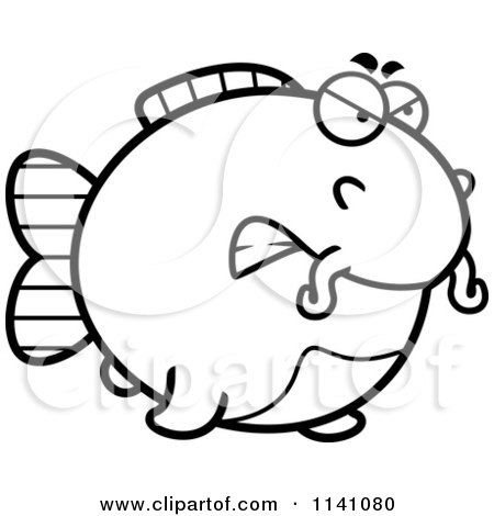 Cartoon Clipart Of A Black And White Angry Chubby Catfish - Vector Outlined Coloring Page by Cory Thoman