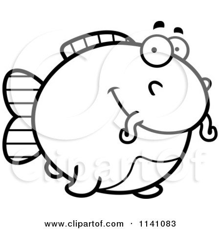 Cartoon Clipart Of A Black And White Happy Chubby Catfish - Vector Outlined Coloring Page by Cory Thoman