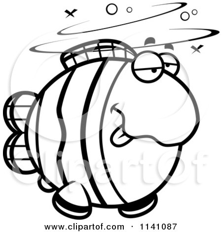 Cartoon Clipart Of A Black And White Drunk Clownfish - Vector Outlined Coloring Page by Cory Thoman