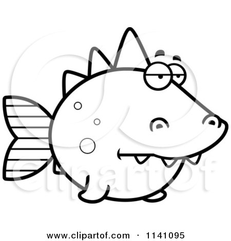 Cartoon Clipart Of A Black And White Bored Dino Fish - Vector Outlined Coloring Page by Cory Thoman