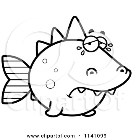 Cartoon Clipart Of A Black And White Crying Dino Fish - Vector Outlined Coloring Page by Cory Thoman