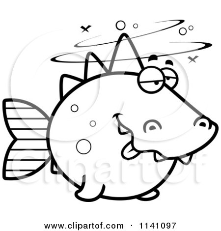 Cartoon Clipart Of A Black And White Drunk Dino Fish - Vector Outlined Coloring Page by Cory Thoman
