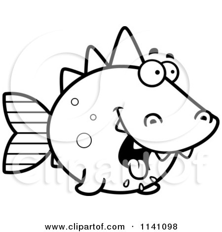 Cartoon Clipart Of A Black And White Hungry Dino Fish - Vector Outlined Coloring Page by Cory Thoman