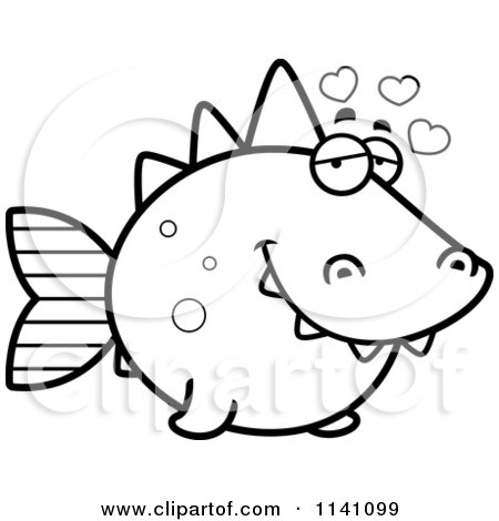 Cartoon Clipart Of A Black And White Amorous Dino Fish - Vector Outlined Coloring Page by Cory Thoman