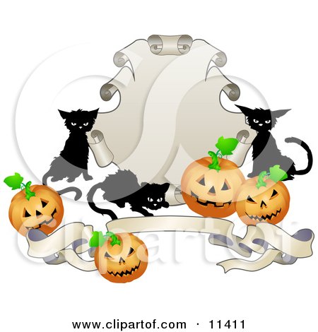 Three Black Cats and Halloween Pumpkins Around a Shield and Banner Clipart Illustration by AtStockIllustration