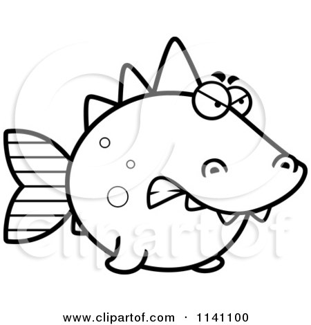 Cartoon Clipart Of A Black And White Angry Dino Fish - Vector Outlined Coloring Page by Cory Thoman