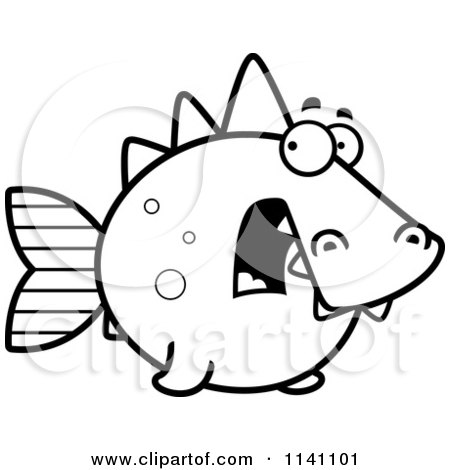 Cartoon Clipart Of A Black And White Scared Dino Fish - Vector Outlined Coloring Page by Cory Thoman