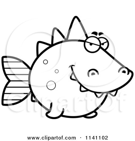 Cartoon Clipart Of A Black And White Sly Dino Fish - Vector Outlined Coloring Page by Cory Thoman